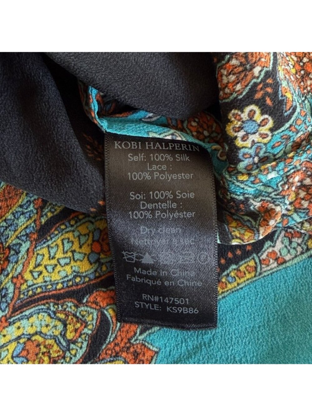 Kobi Halperin Helen Silk Blouse Size L Black Paisley Boho Ruffle Sleeve Tie Neck - Picture 10 of 11